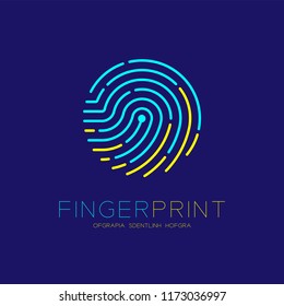 Fingerprint scan logo icon dash line design illustration blue and yellow isolated on dark blue background with Fingerprint text and copy space, vector eps10