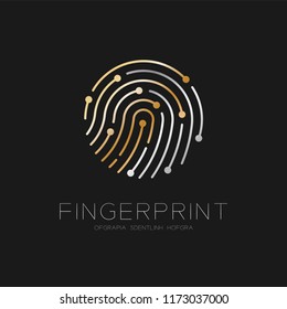 Fingerprint scan logo icon dash line design illustration gold and silver isolated on black background with Fingerprint text and copy space, vector eps10