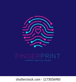 Fingerprint scan logo icon with Love Heart symbol dash line design illustration blue and pink isolated on dark blue background with Fingerprint text and copy space, vector eps10