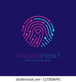 Fingerprint scan logo icon with Love Heart symbol dash line design illustration blue and pink isolated on dark blue background with Fingerprint text and copy space, vector eps10