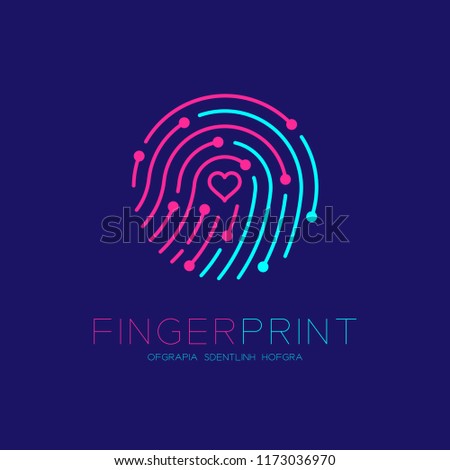 Fingerprint scan logo icon with Love Heart symbol dash line design illustration blue and pink isolated on dark blue background with Fingerprint text and copy space, vector eps10