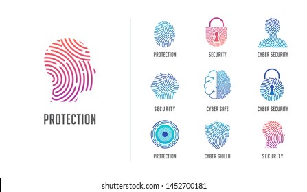Fingerprint scan logo, privacy, cyber security ,identity information and network protection. Person head, brain, cloud and lock icons. Vector icon design