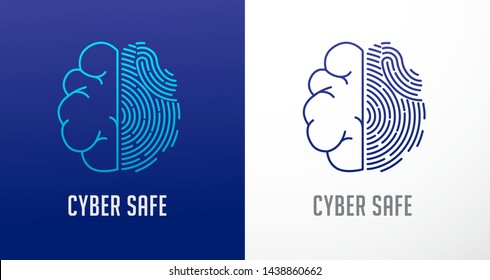 Logo de escaneo de huellas digitales, privacidad, icono del cerebro humano, ciberseguridad, información de identidad y protección de la red. Diseño de iconos de vectores