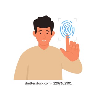 Fingerprint scan. Male character scanning their finger. Biometric technology. Vector illsutration of Fingerprint scanning app.