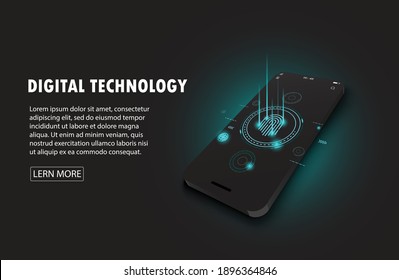 Fingerprint scan Mobile phone login hi-tech style 3d style on cloud storage concept smartphone three dimensional vector server room mobile application hand application installation.