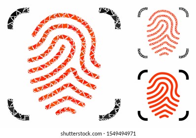 Fingerprint scan mosaic of unequal pieces in different sizes and shades, based on fingerprint scan icon. Vector abrupt elements are grouped into mosaic.