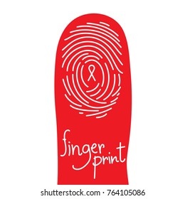 Fingerprint scan on finger silhouette set with Red Ribbon symbol, AIDS awareness concept idea illustration isolated on white background, and Fingerprint text with copy space
