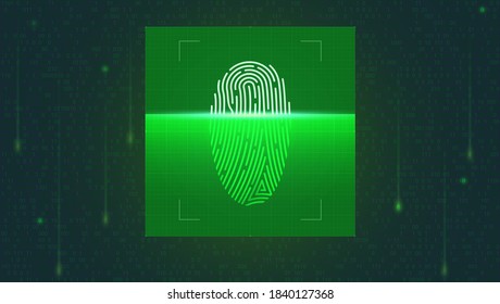 Fingerabdruckscan auf dem Bildschirm in digitaler Matrix. Konzept der biometrischen Kontrolle. Sicherheit und Identität durch Fingerabdruck. Vektorgrafik 3D.