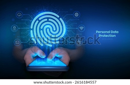 Fingerprint scan on a smartphone. Personal Data protection concept. Cyber Security. Hologram fingerprint icon. Biometrics identification. Password control. Smartphone in hands. Vector illustration.