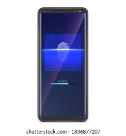 Fingerprint scan on smartphone screen. Concept of biometric access. Concept of security and identity by fingerprint. Vector 3d illustration.