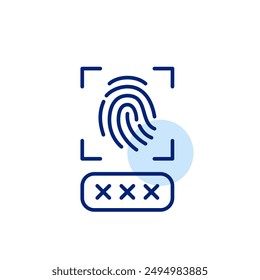Escaneo de huellas dactilares y Contraseña cubierta con asteriscos. Autenticación de doble factor, seguridad de Cuenta biométrica. Icono de trazo perfecto y editable