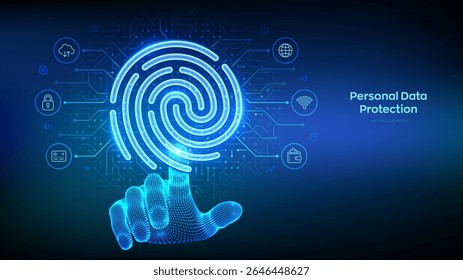 Fingerprint scan. Personal Data protection concept. Cyber Security. Biometrics identification. Password control. Wireframe hand touching digital interface with fingerprint icon. Vector illustration.