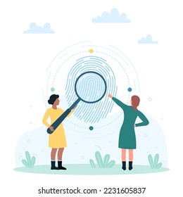 Fingerprint scan, privacy and verification vector illustration. Cartoon investigation of tiny people looking at fingerprint through magnifying glass, focus on personal identification in digital system