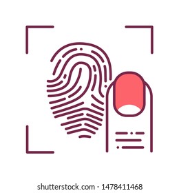 Fingerprint scan provides security access color line icon. ID and verifying person. Concept of: authorization, dna system, scientific technology, scanning. Biometric identification element. 