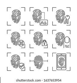 Fingerprint scan provides security access black line icons set. ID and verifying person. Pictogram for web page, mobile app, promo. UI UX GUI design element. Editable stroke.