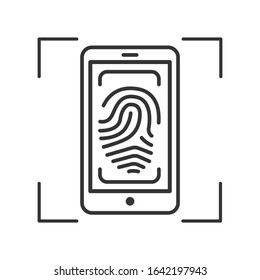 Fingerprint scan provides security access on smartphone black line icon. Touch scanning app on screen. ID and verifying person concept. UI UX screen. User interface display. Editable stroke.