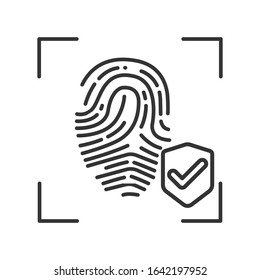 Fingerprint scan provides security access black line icon. Protection and verifying person. Concept of: authorization, dna system, scientific technology, scanning. Biometric identification element.