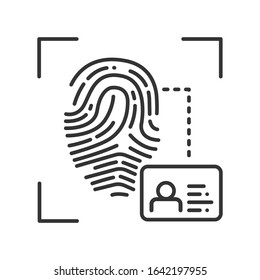 Fingerprint scan provides security access black line icon. ID and verifying, person. Concept of: authorization, dna system, scientific technology, scanning. Biometric identification.