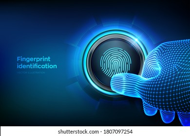 Fingerprint scan provides security access with biometrics identification. Closeup finger about to press a button. Fingerprint scanning verification system. Technology safety concept. Vector. EPS10.