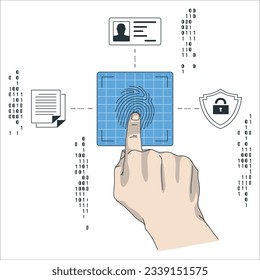 Fingerprint scan provides security access with biometrics identification, person touching screen with finger. Fingerprint scan provides security access with biometrics identification. Technology. 2196