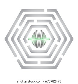 Fingerprint scan provides security access. Biometrics identification. Fingerprint reader in labyrinth, maze. Safety concept. Vector illustration