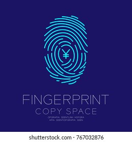 Fingerprint scan set with Currency JPY (Japanese Yen) symbol concept idea illustration isolated on dark blue background, and Fingerprint text with copy space