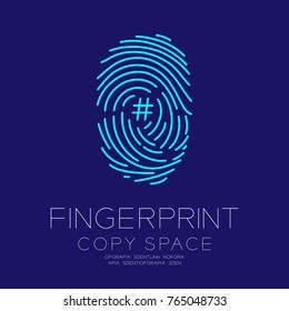 Fingerprint scan set with Hashtag sign symbol concept idea illustration isolated on dark blue background, and Fingerprint text with copy space