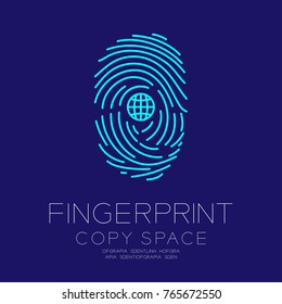 Fingerprint scan set with Network symbol concept idea illustration isolated on dark blue background, and Fingerprint text with copy space