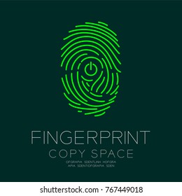 Fingerprint scan set with Power icon symbol concept idea illustration isolated on dark green background, and Fingerprint text with copy space