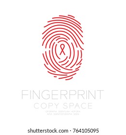 Fingerprint scan set with Red Ribbon symbol, AIDS awareness concept idea illustration isolated on white background, and Fingerprint text with copy space