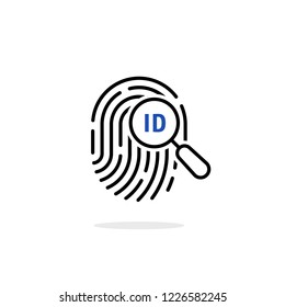 fingerprint scan with thin line magnifier. flat linear trendy simple spy logotype graphic stamp design element isolated on white. concept of fingertip press identify and sensor finger tip imprint