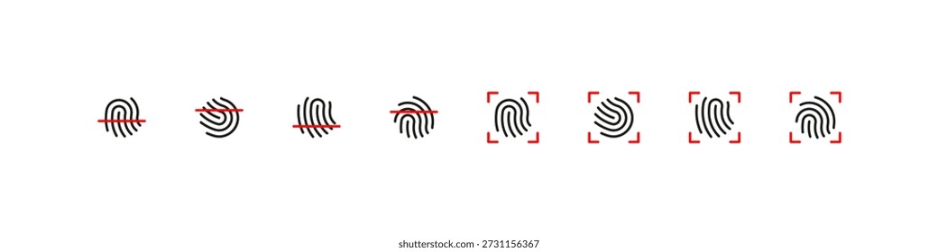 Vektorsymbolsatz für Fingerabdruck-Scan. Sammlung biometrischer Identifikations-, Sicherheits- und Zugriffsüberprüfungen