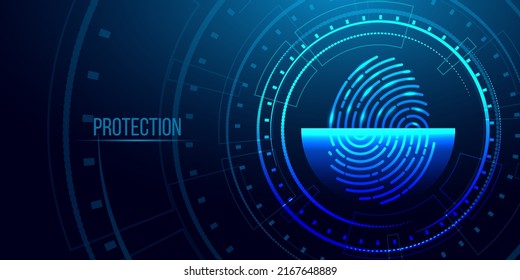 Escáner de huellas digitales. Ciberseguridad, concepto de identificación de tecnología.  Fondo de tecnología futurista. Ilustración vectorial.