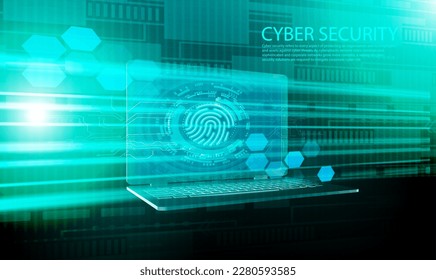 Fingerprint scanner icon and round button with laptop and futuristic background.Vector illustration