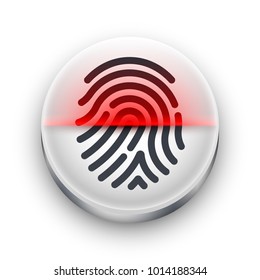 Fingerprint scanner icon. White round button with a black fingerprint shape and red scan beam. Concept of biometric identification and protection