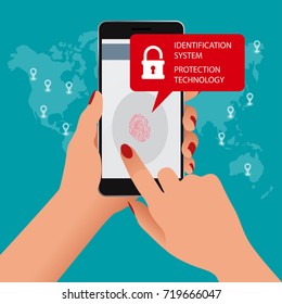 Fingerprint scanner, Identification system, Protection technology concept. Vector illustration of mobile phone security, cellphone personal access via finger, user authorization, login