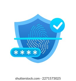 Fingerprint scanner with a shield. Biometric fingerprint password with padlock and shield icon. Touch ID. Password interface, Cyber security, data protection and privacy concept. Vector illustration