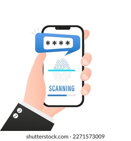 Fingerprint scanner with a shield on a smartphone. Biometric fingerprint password with padlock and shield icon. Touch ID. Secure login identification. Password interface. Vector illustration