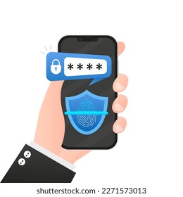 Escáner de huellas digitales con un escudo en un smartphone. Contraseña biométrica de huellas dactilares con candado e icono de escudo. Touch ID. Identificación de inicio de sesión segura. Interfaz de contraseña. Ilustración del vector