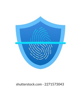 Fingerprint scanner with a shield a white background. Biometric fingerprint password with padlock and shield icon. Touch ID. Secure login identification. Cyber security. Vector illustration