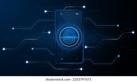 Fingerprint scanner for smartphone security and cyber data protection and privacy. advanced safety technology innovation background
