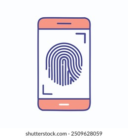 Escáner de huellas dactilares de seguridad de smartphone. Asegure su teléfono con un escáner de huellas dactilares moderno. Esta ilustración muestra un teléfono inteligente con un escaneo de huellas dactilares en la pantalla.