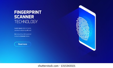 Fingerprint scanner technology, hardware and software development, digital identity system, biometric identification, futuristic isometric vector illustration