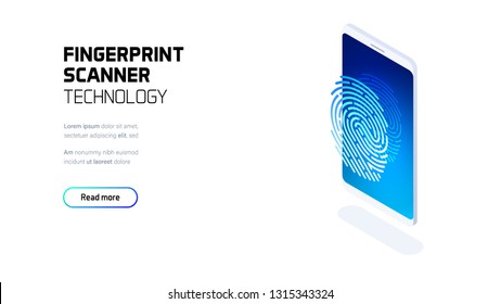 Fingerprint scanner technology, hardware and software development, digital identity system, biometric identification, futuristic isometric vector illustration