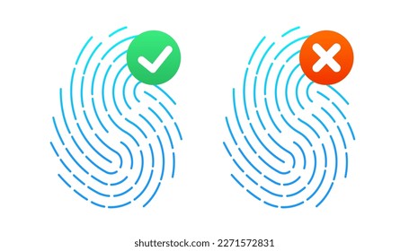 Fingerprint scanner tick and cross. Confirmation and error. Biometric fingerprint password with lock and shield icon. Touch ID. Secure login authentication. Cyber shield. Vector illustration