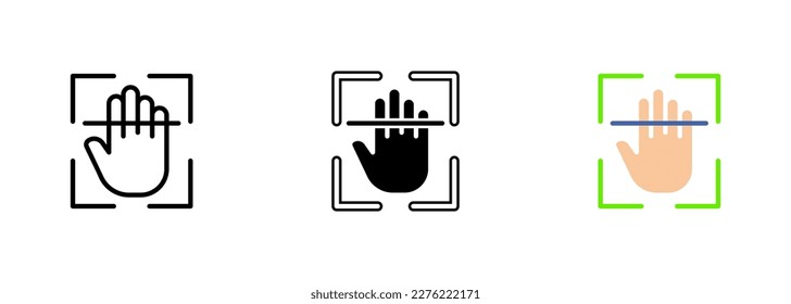 A fingerprint scanner, used for biometric authentication and security purposes. The scanner reads and records the unique ridges. Vector set of icons in line, black and colorful styles isolated.