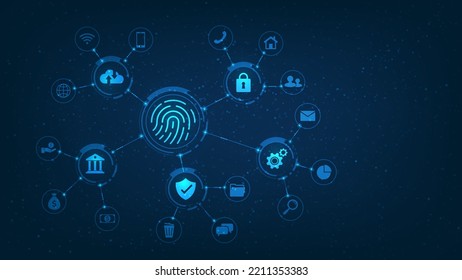 fingerprint scanning and biometric technology element. on blue dark background. cloud data storage and identification. security for protection internet of thing. vector illustration digital fantastic.