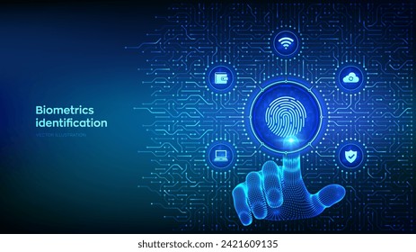 Fingerprint scanning. Biometrics identification. Personal Data protection. Cyber Security. Background with circuit board connections and tech icons. Wireframe hand pressing button. Vector Illustration