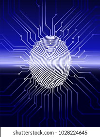 Fingerprint scanning, digital biometric security system, data protection, dark blue background, vector illustration