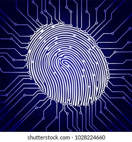 Fingerprint scanning, digital biometric security system, data protection, dark blue background, vector illustration